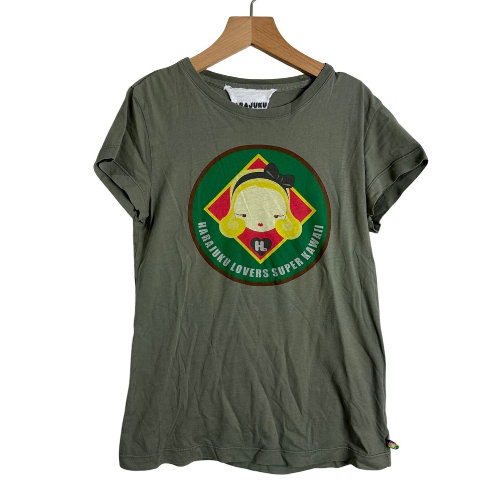 Harajuku Lovers Super Kawaii Graphic Tee Olive Green Gwen Stefani Y2K Shirt M